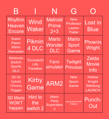 Nintendo Direct Bingo Card