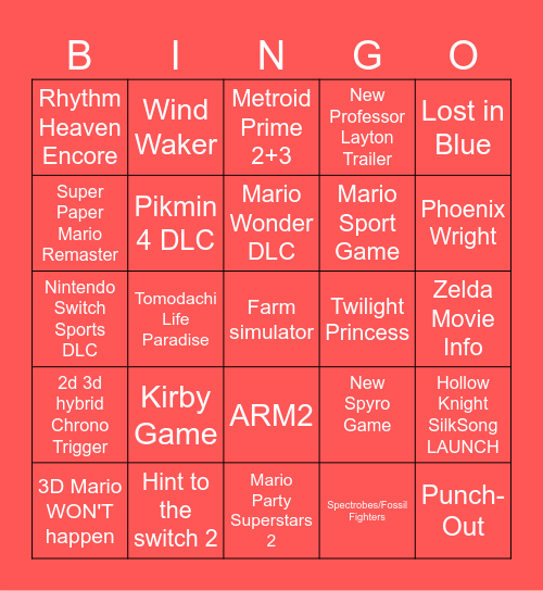 Nintendo Direct Bingo Card