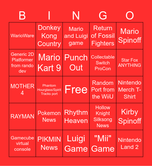 Nintendo Direct Bingo Card