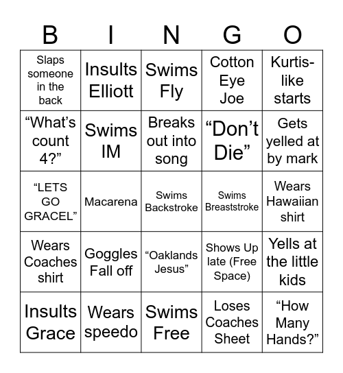 Cole’s Swim Meet Bingo Sheet Bingo Card