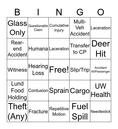 Intake Unit Bingo Card