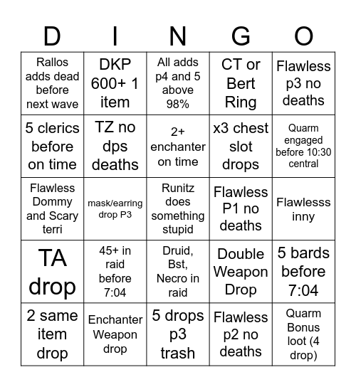 Dingo Bingo Card