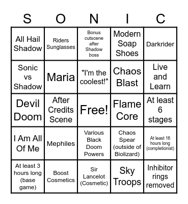Sonic x Shadow Generations Wishlist Bingo Card
