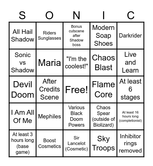 Sonic x Shadow Generations Wishlist Bingo Card