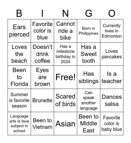 Hany’s Bridal Shower Bingo Card