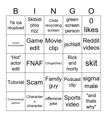 YouTube shorts Bingo Card