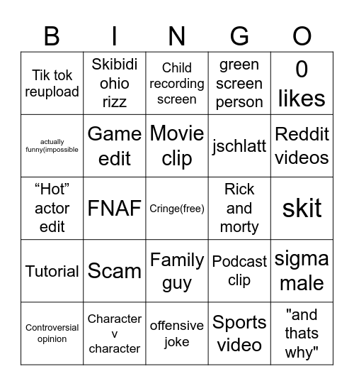 YouTube shorts Bingo Card