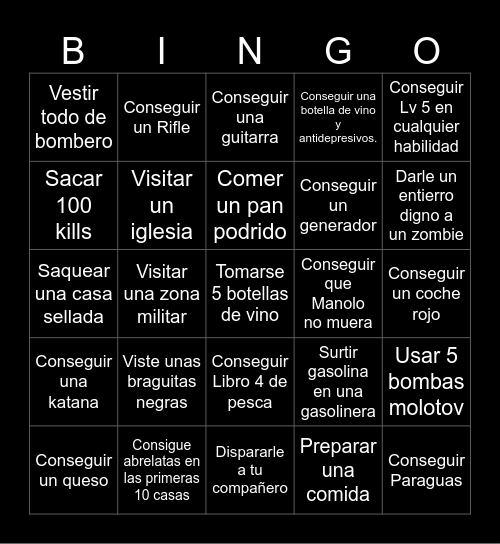 Zomboid Race Bingo Card