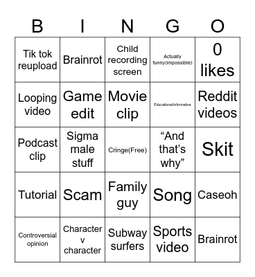 YouTube shorts Bingo Card