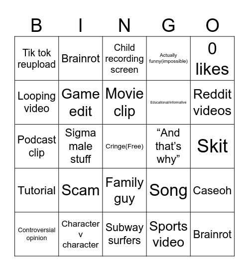 YouTube shorts Bingo Card