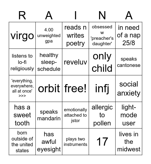bingo w rainaa 💞 Bingo Card