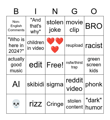 YT Shorts Bingo Card