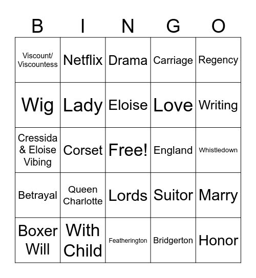 Bridgerton Bingo Card