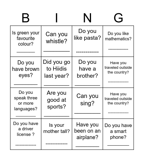 Find someone who says yes! Bingo Card