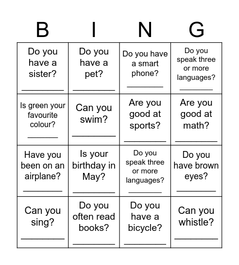 Find someone who says yes! Bingo Card