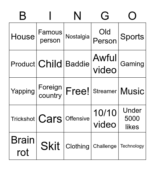 Tik tok Bingo Card