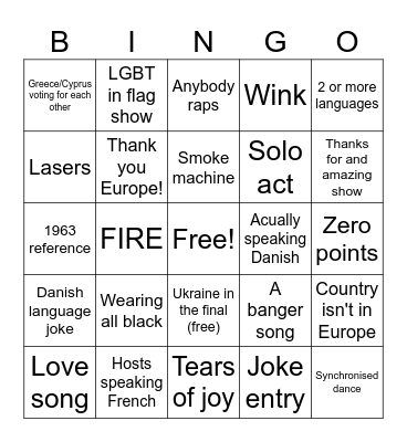 Eurovision 2014 Bingo Card