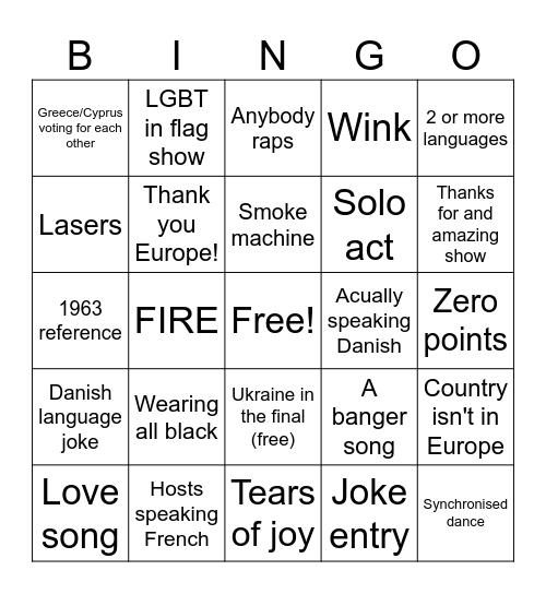 Eurovision 2014 Bingo Card