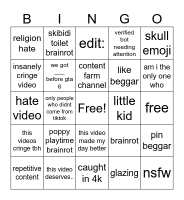 youtube shorts cringe Bingo Card