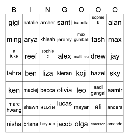 8th grade classmates Bingo Card