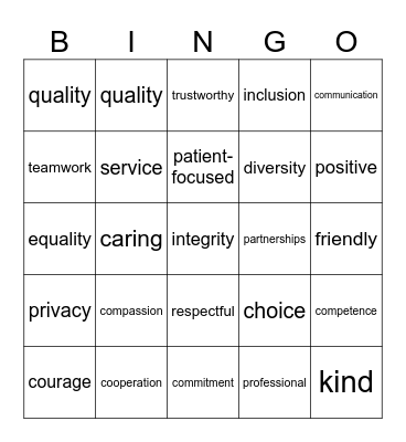 Values Bingo Card