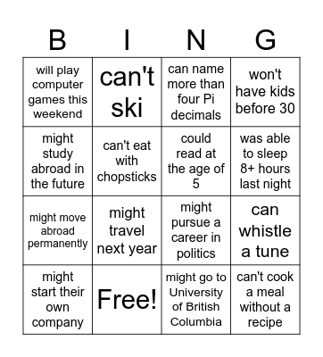 Modal Verbs: Find someone who... Bingo Card
