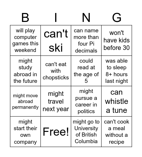 Modal Verbs: Find someone who... Bingo Card