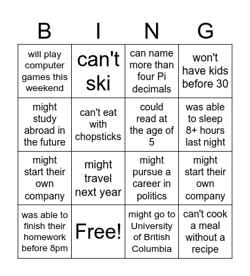 Modal Verbs: Find someone who... Bingo Card