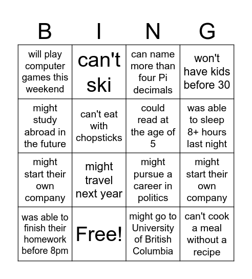 Modal Verbs: Find someone who... Bingo Card