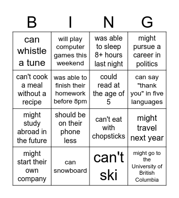 Modal Verbs: Find someone who... Bingo Card