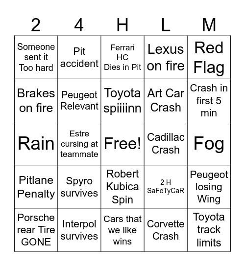 2024 24 Hours of Le Mans Bingo Card