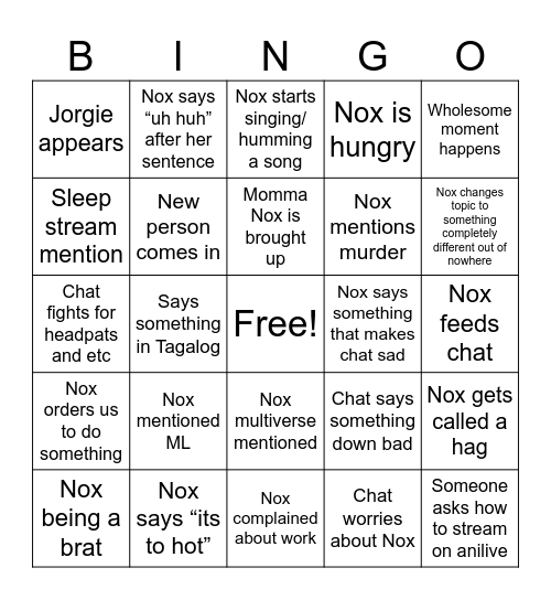 Nox bingo board Bingo Card
