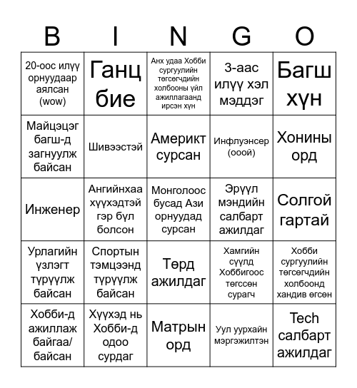 Хобби Бинго Bingo Card