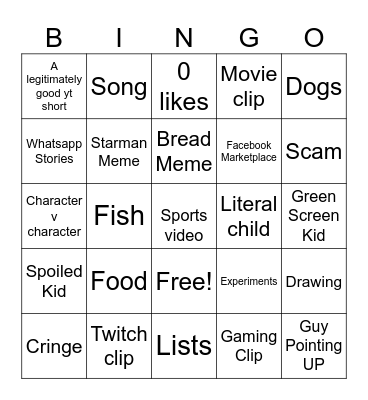 YouTube shorts Bingo Card