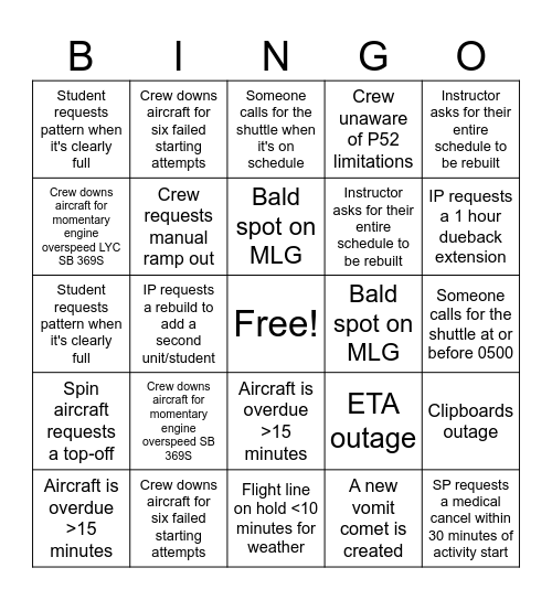 ERAU Dispatch Bingo Card