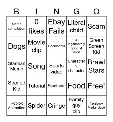 YouTube shorts Bingo Card