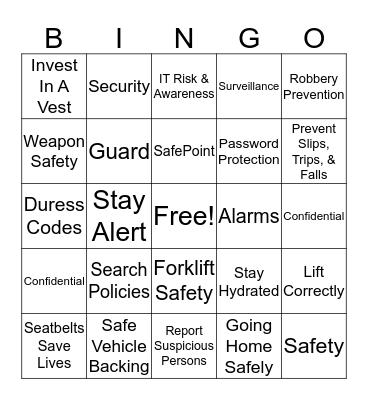 Loomis Safety Bingo Card