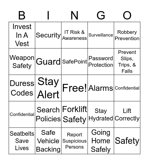 Loomis Safety Bingo Card