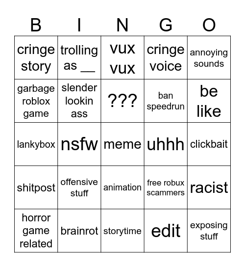 roblox shorts Bingo Card