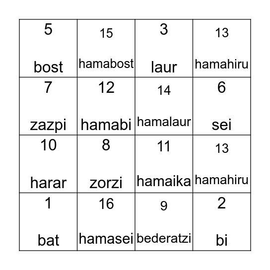 Basque Number Bingo Card