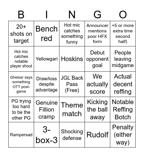 HFX Wanderers Bingo Card