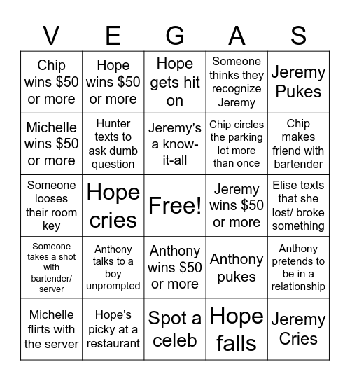 Daly-Coyle Vegas 2024 Bingo Card