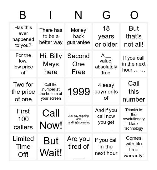 Billy Mays Bingo Card