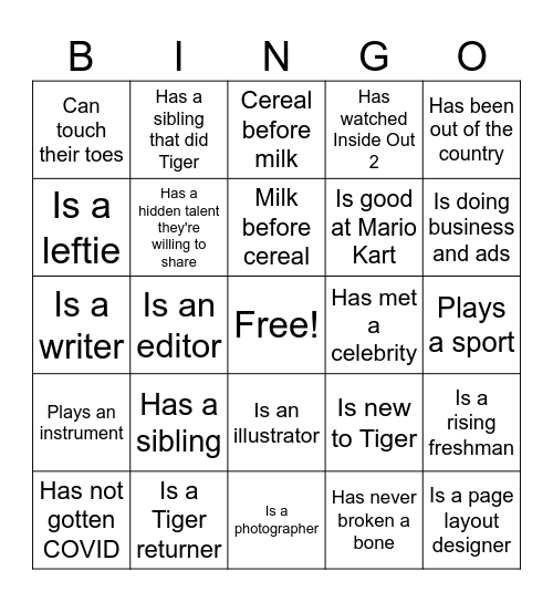 Tiger Orientation Bingo Card