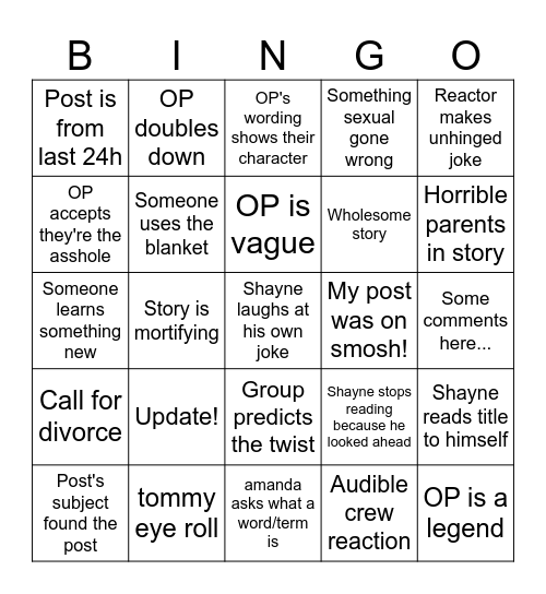 Reddit Stories Bingo Card