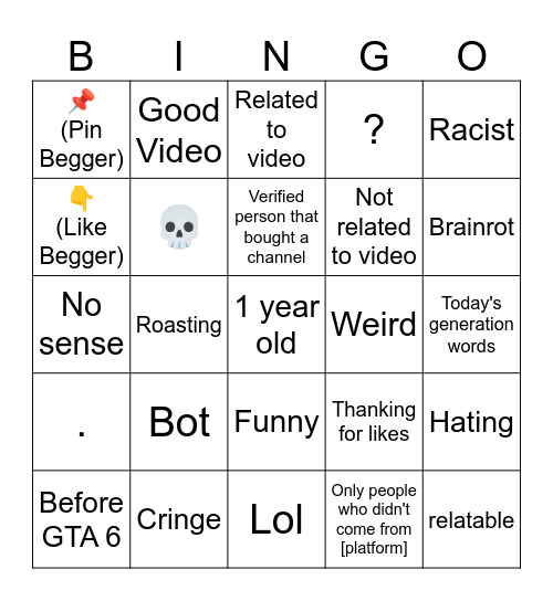 YouTube Shorts Bingo Card