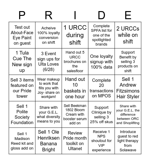 Pride Week Bingo Card