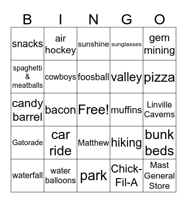 Summer Vacation Bingo Card