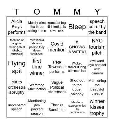 Tommy's Tony Watch Party Bingo Card