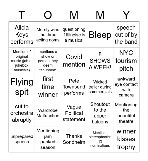 Tommy's Tony Watch Party Bingo Card